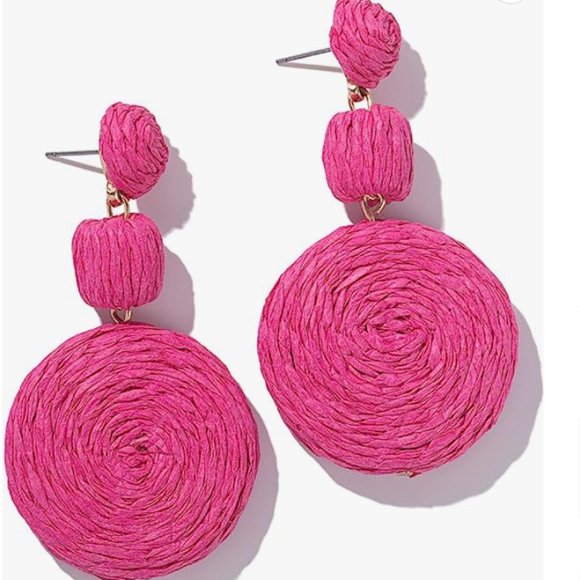 Chunky Dark Pink Rattan Earrings Wicker Bold Retro Raffia Dangle 80s 90s New - Picture 6 of 8